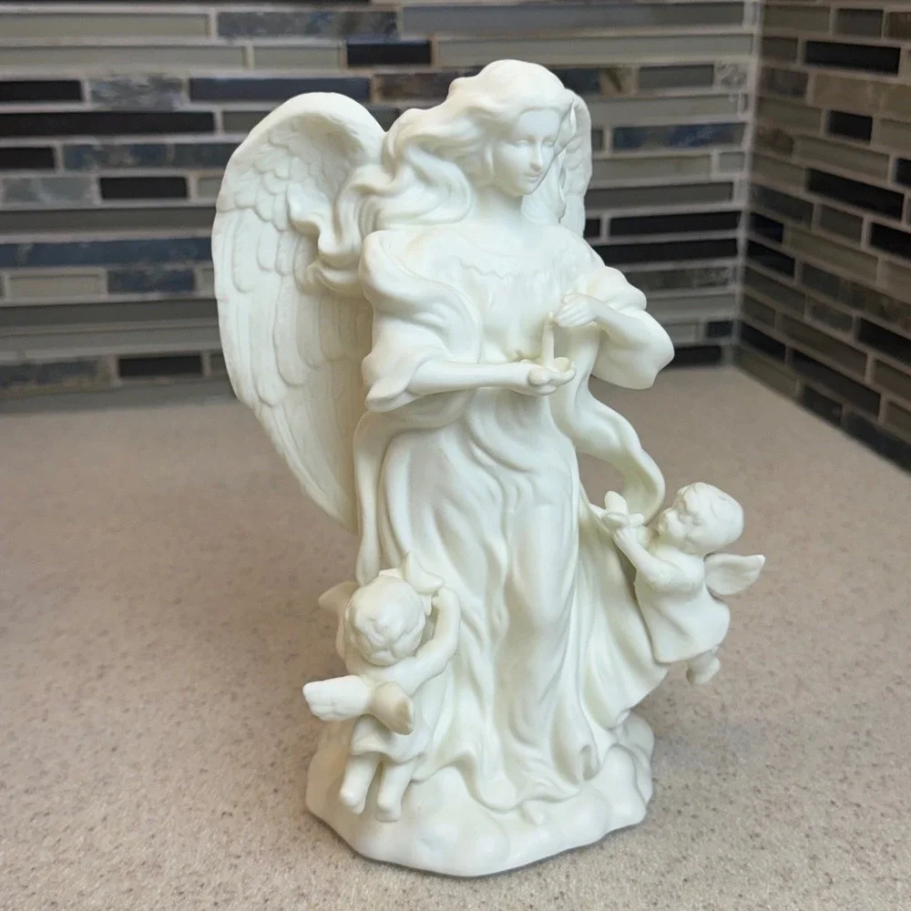 VTG PartyLite White Bisque Angel with Cherubs Taper Candle Holder Figurine P0434